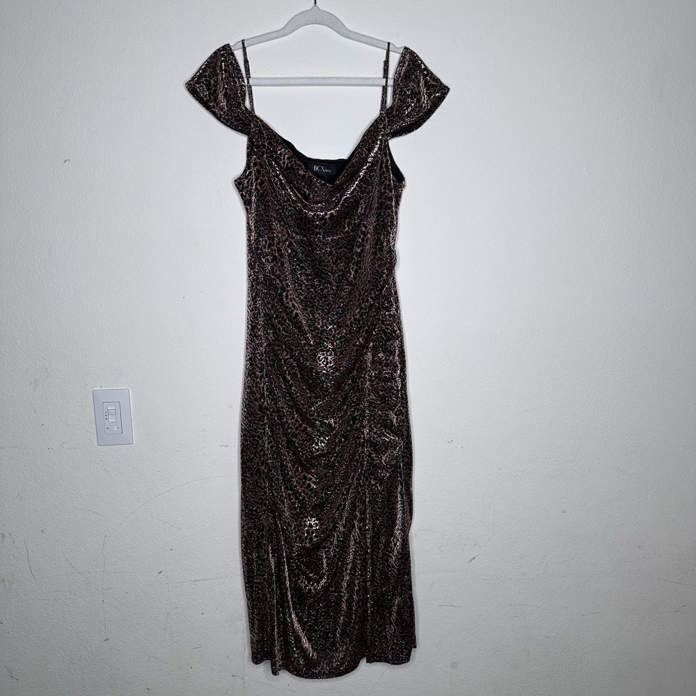 BCX Juniors' Glitter Cold Shoulder Bodycon Midi Dress, Leopard Print, SIZE-XL